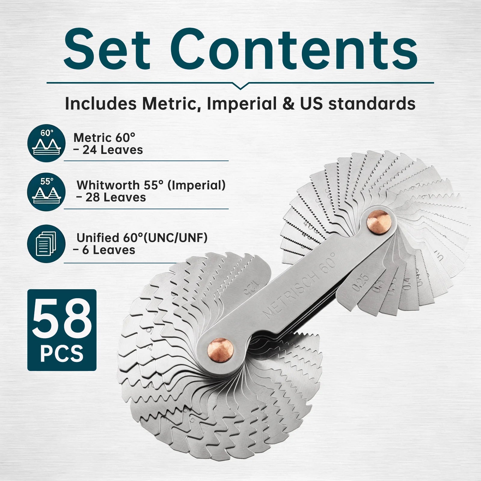 58 Pcs Blade Thread Pitch Gauge 55 60 Degree Whitworth Metric US Measuring Gage Screw Thread Pitch Gauge with Metal Nut