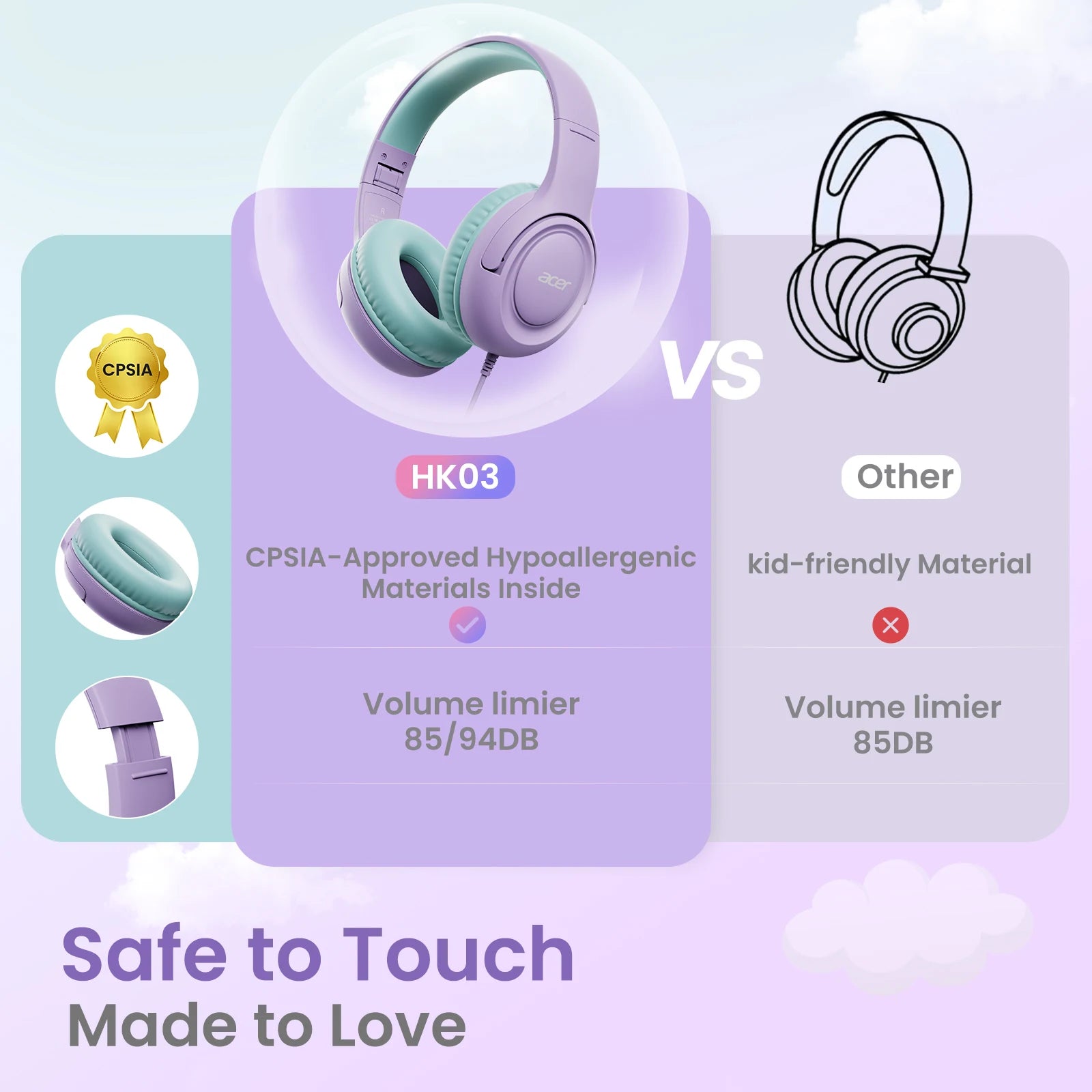 Acer Kids Headphones with Cord for School Over-Ear 85/94dB Volume Limiter 3.5mm Jack Foldable Stereo Headset for Toddlers