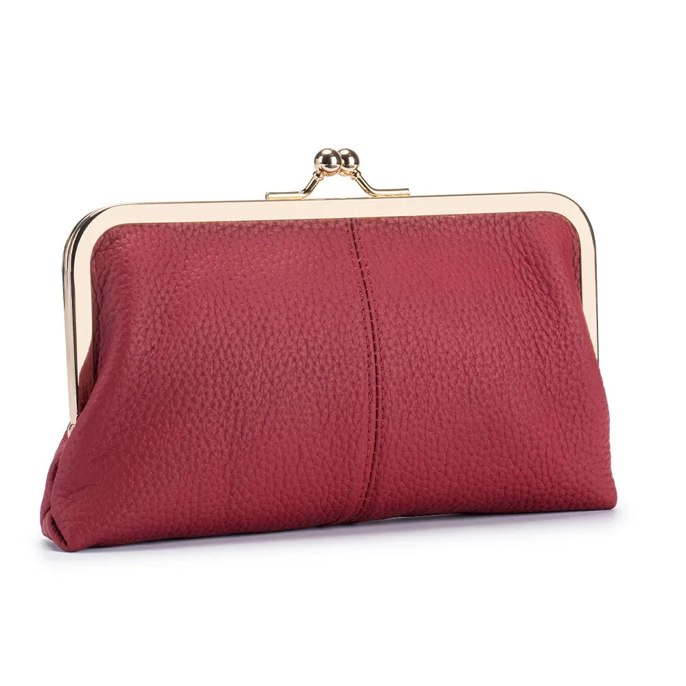 Vintage Genuine Leather Clutch Purses for Women Small Evening Bag with Kiss Lock Closure Metal Frame Long Large Clutch Wallet