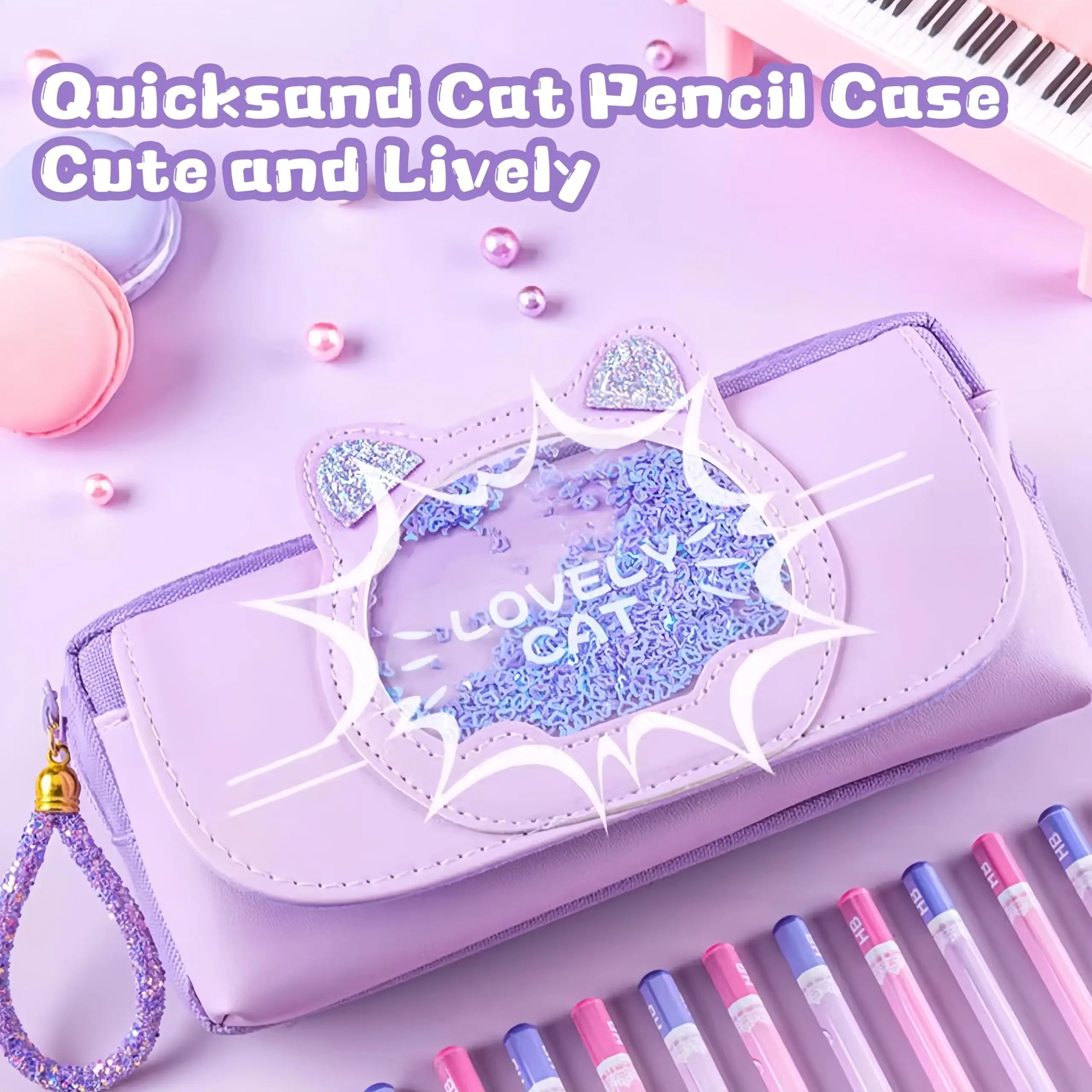 Cute Cat Head Quicksand Pencil Case Exquisite Large Capacity Three-Layer Classification Storage Bag with Handle Purple Pink Blue