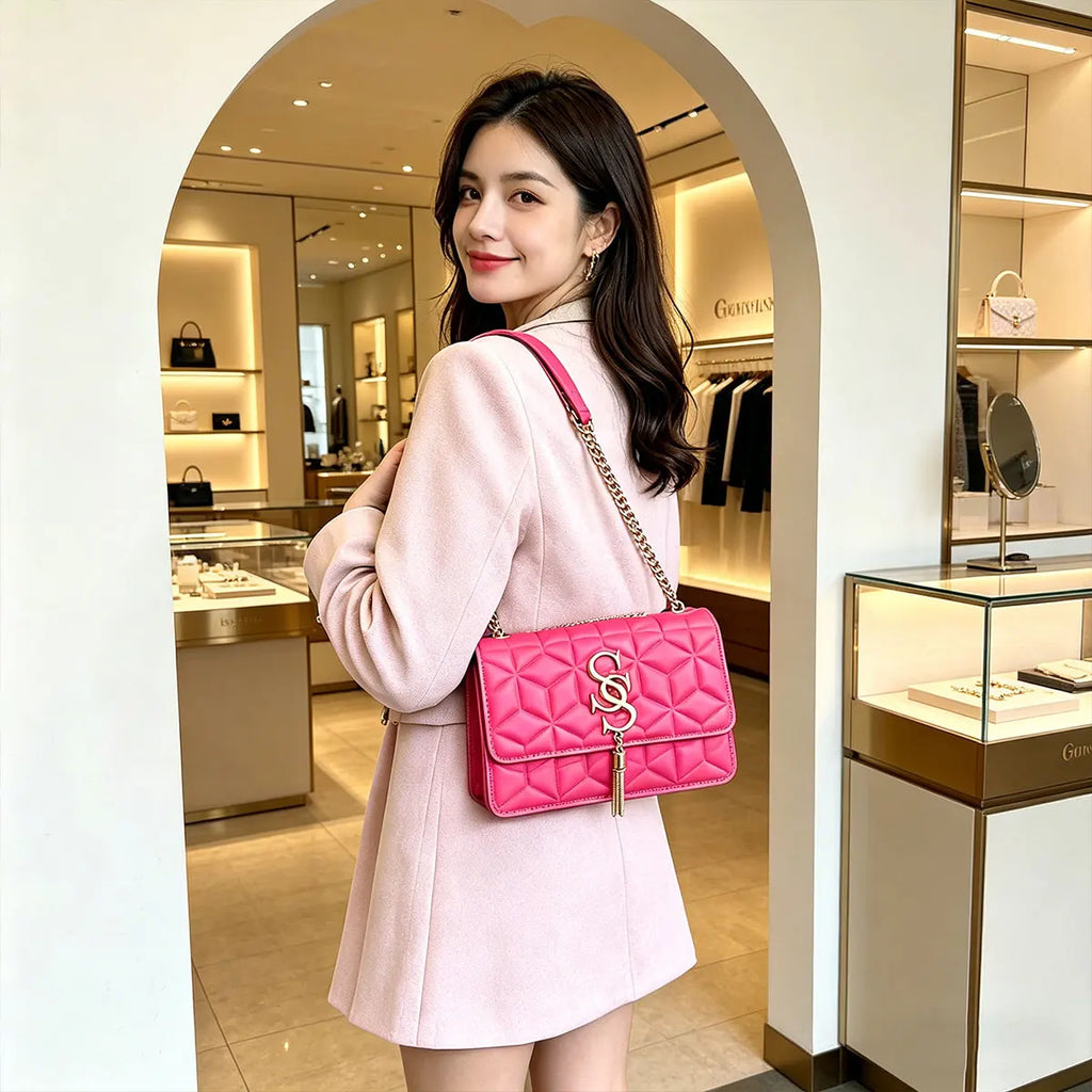 Fashionable Small Fragrant Style Argyle Quilted Small Square Bag Metal Letter Tassel Diagonal Cross Bag Commuter Shoulder Bag