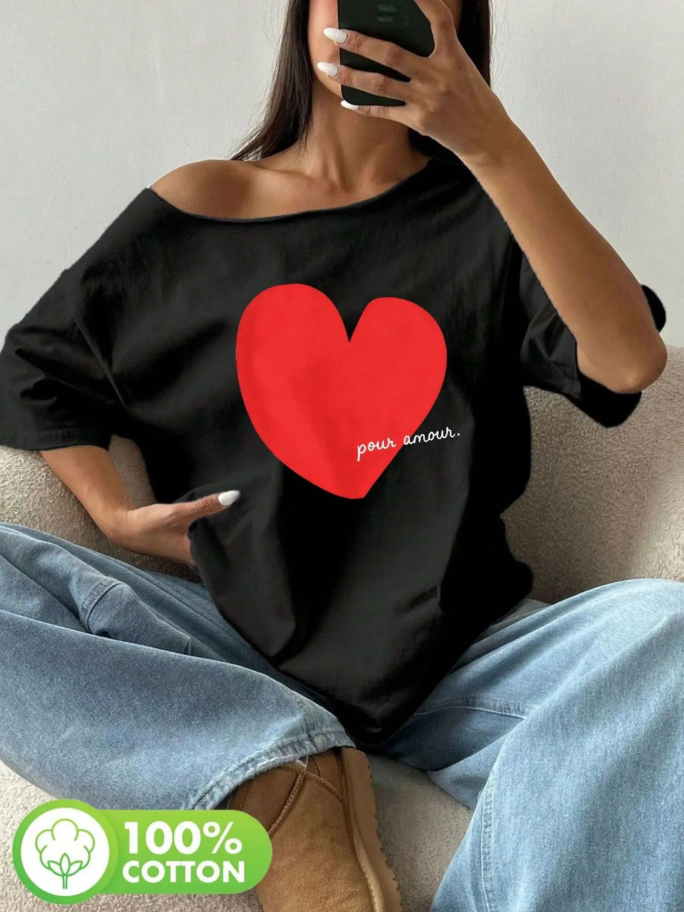 Plus Size Large Red Watercolor Heart Graphic Tee with Pour Aimer Text, Soft Handcrafted Feel, Y2K Oversized Loose Fit Summer