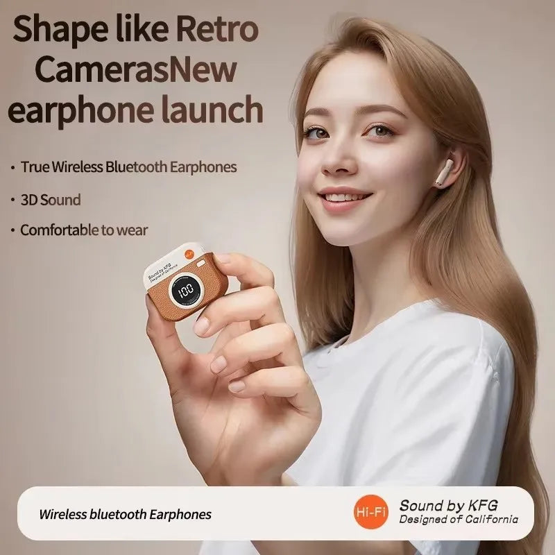 Bluetooth Earphones Camera Style Wireless Headset In-Ear Sports Running Headphones with Microphone Hands-Free Control