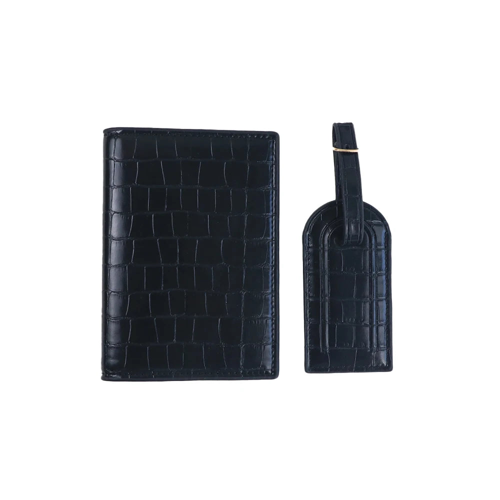 Customized Name PU Leather Crocodile Skin Pattern Luggage Tag + Passport Holder Set for Luggage Bag Accessories