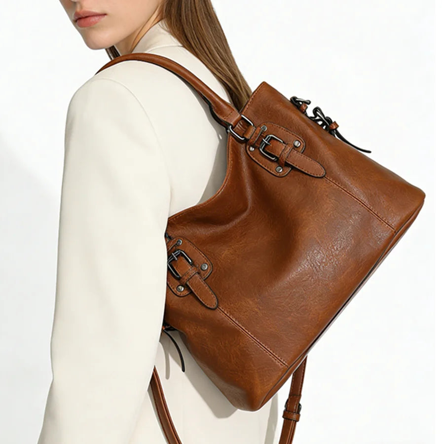Retro Designer Soft PU Leather Women's Handbag Large Capacity Tote Bag with Multi-pocket Casual Shoulder Crossbody Bag for Ladie