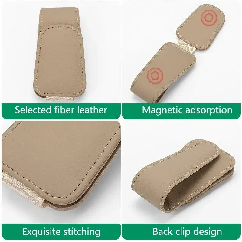Glasses Holder Clip for Car Auto Sun Visor Eyeglass Universal Eyeglass Hanger Clip PU Leather Magnetic Multi-Function Storage