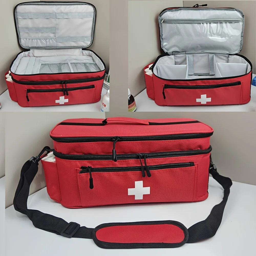 Double Layer Portable First Aid Bag, Empty Medicine Storage Organizer with Dividers & Side Pockets for Home Camping Travel