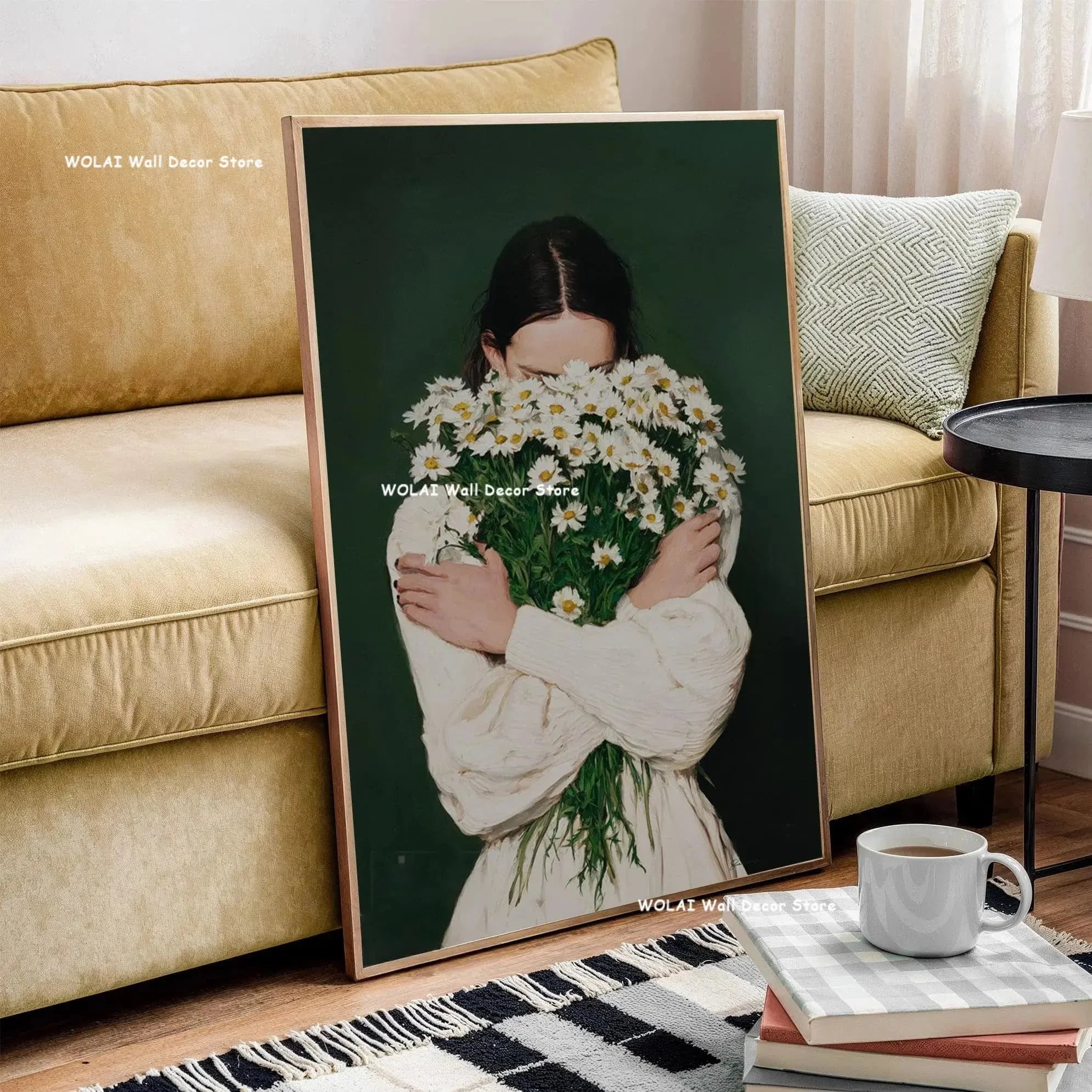 Green Abstract Figures Canvas Print with Flower Woman Minimalist Japandi Female Portrait Art Poster for Modern Living Room Decor