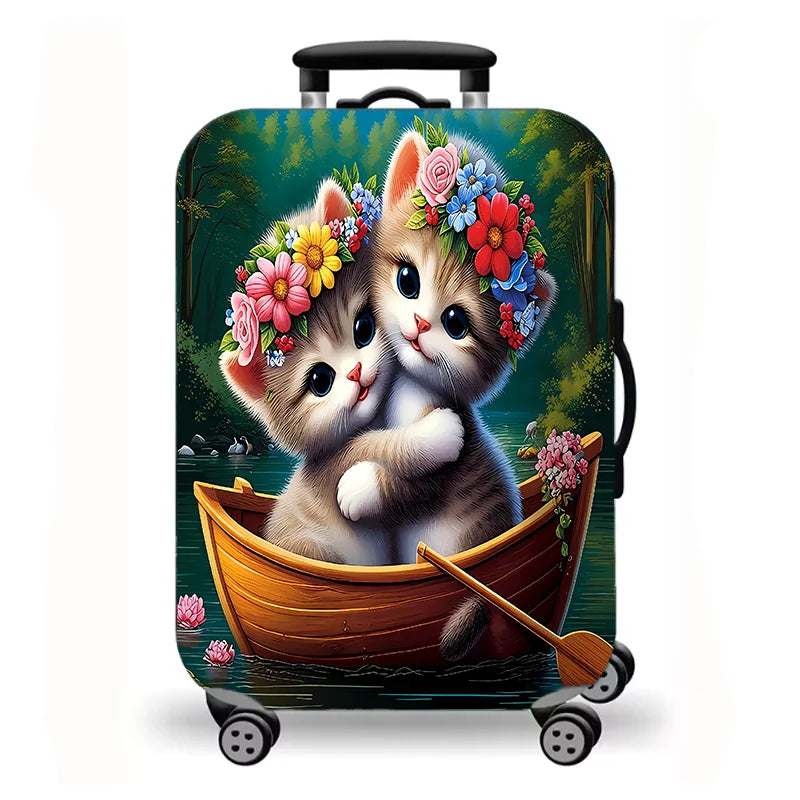 Luggage Cover, Cute Fluffy Kitten Cat Floral Duck Print Stretch Suitcase Protector, Washable Anti-Scratch Travel Baggage Cover