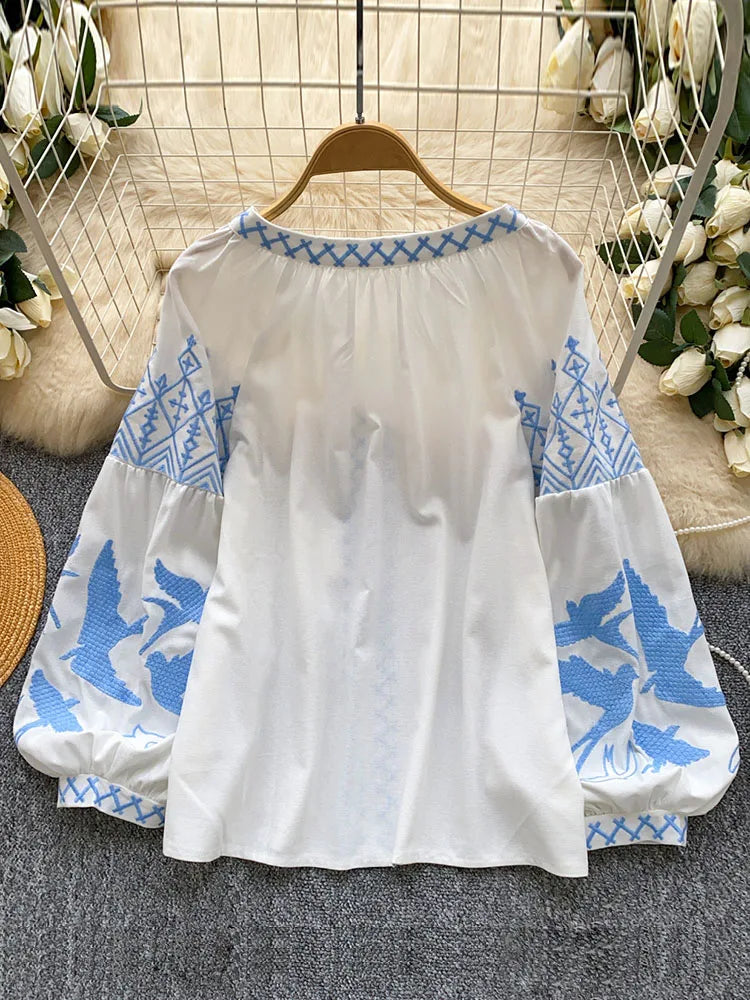 Women Autumn Blouse Bohemian Heavy-Duty V-Neck Embroidered Blouse Korean Long Sleeve Loose Fit Tassel Design Ethnic Top BL338