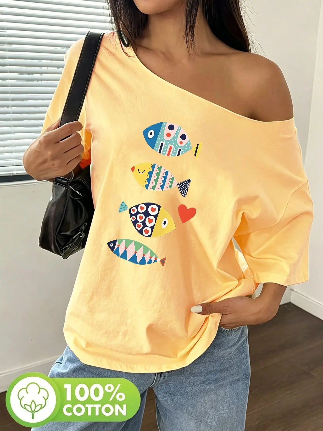 Plus Size Vertical Colorful Geometric Fish Pattern Print T-Shirt Oversized Y2K Style Graphic Tees Women Tops Summer Off The S