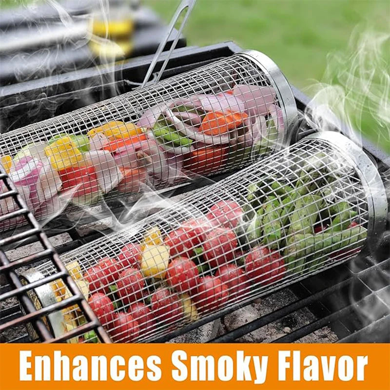 Rolling Grilling BBQ Basket Outdoor Picnic Camping Simple Cylindrical BBQ Grill Stainless Steel Leakproof Mesh Barbecue Rack