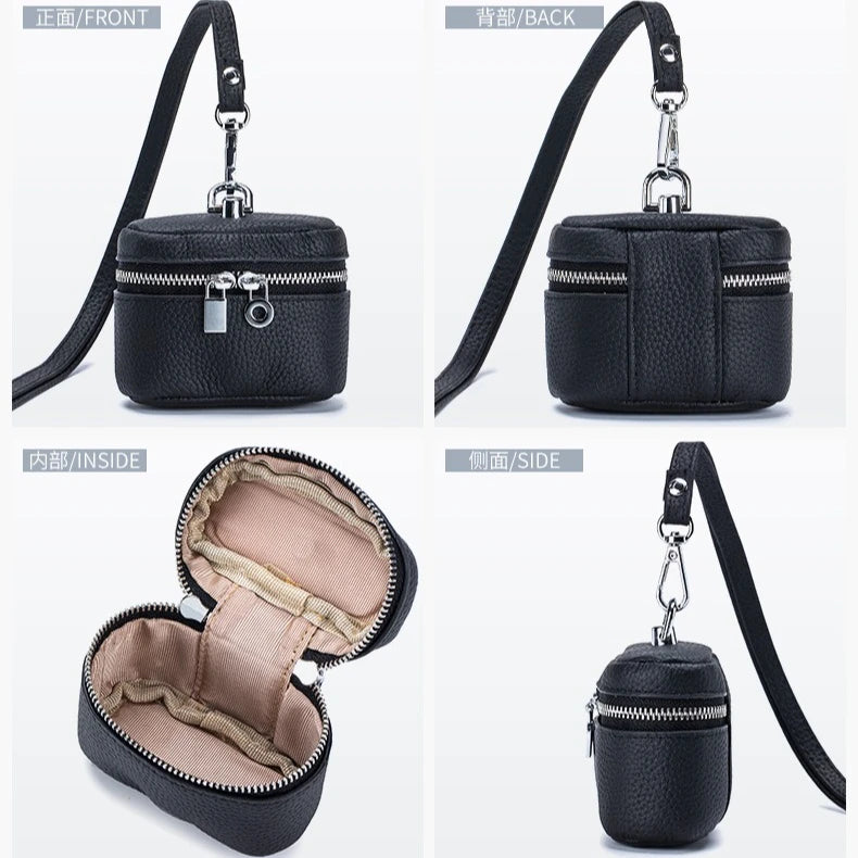 Top-Grain Leather Mini Coin Purse Ins Style - Portable Neck-Hanging Lipstick Makeup Bag & Real Leather Earphone Pouch for Wome