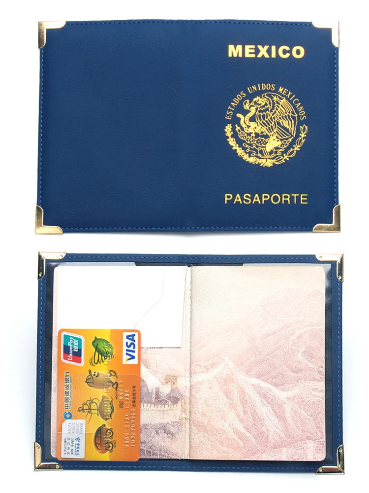 Mexican Passport Holder Golden Metal Copper Corners Passport Organizer Leather Slim Passport Case Plane Ticket Holder ID Holder