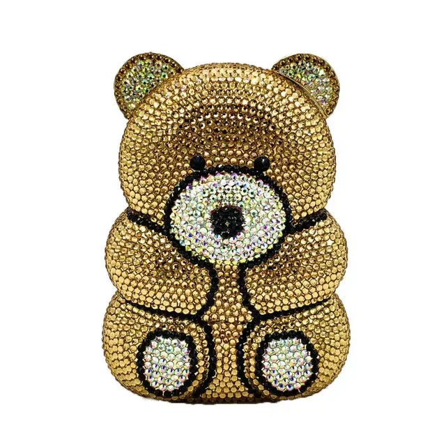 Boutique De FGG Brown Crystal Teddy Bear Evening Clutch Bags for Women Wedding Party Mini Minaudiere Purses and Handbags