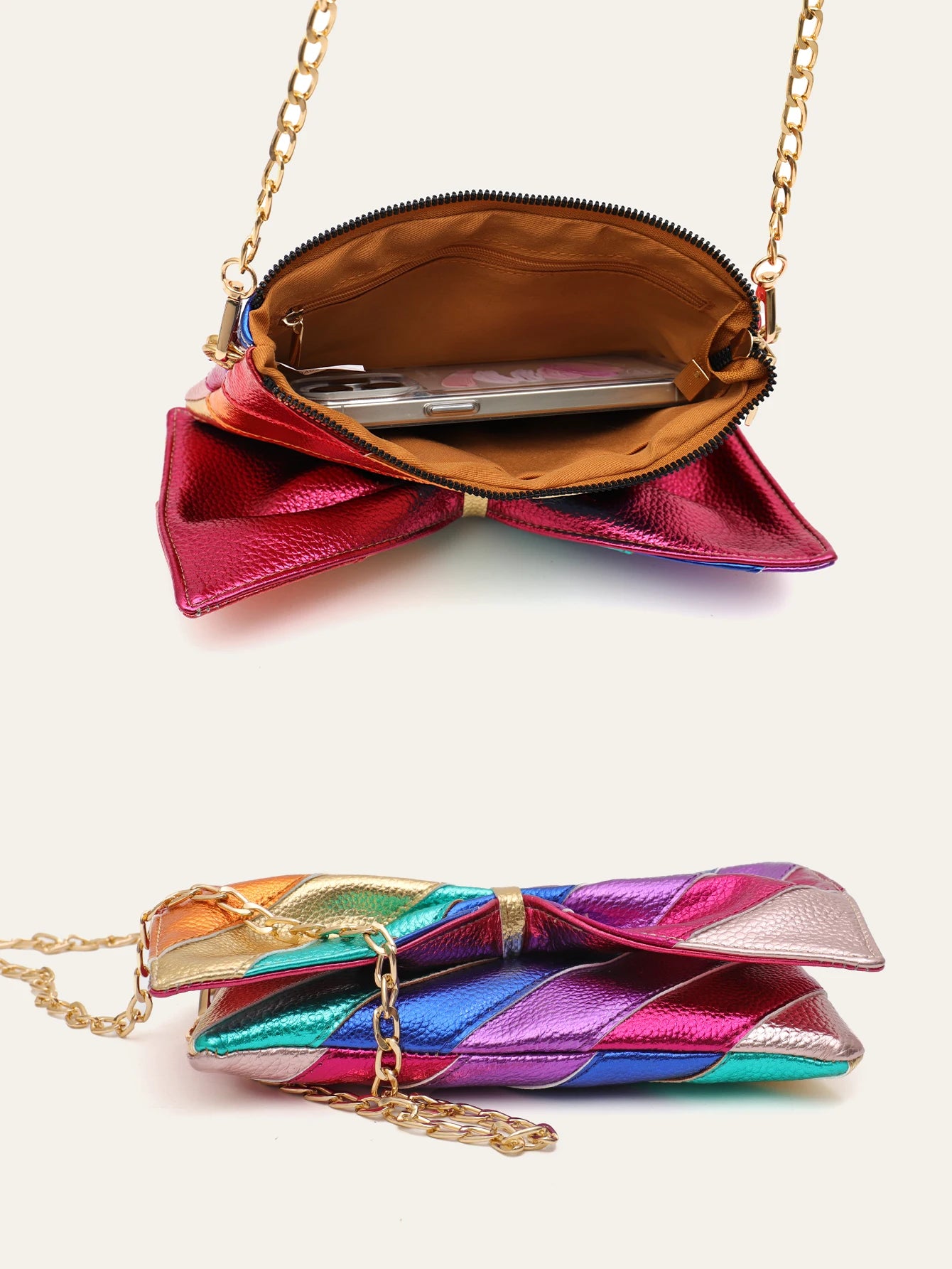 Luxury Metallic Vegan Leather Handbag Colorful Stripes Patchwork Sweet PU Bow knot Clutch Metal Chain Crossbody Bag Funky Y2K
