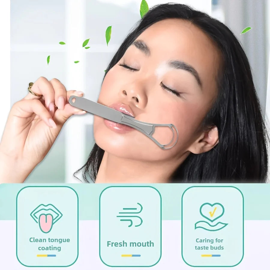 Double-layer Tongue Cleaner Brush with Stainless Steel Deep Cleaning Bristles & Fresh Breath Tips Tongue scraping