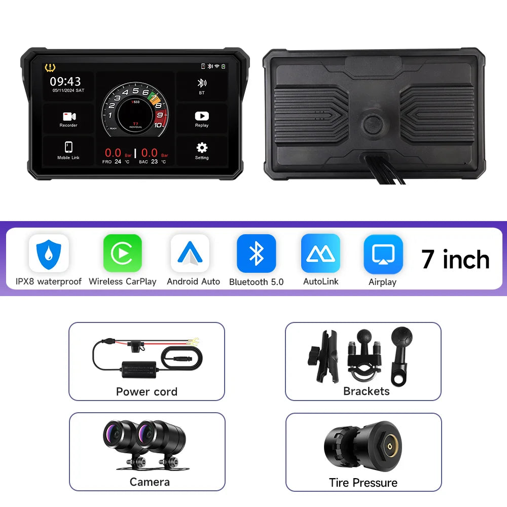 5/7 Inch Portable Motorcycle DVR GPS Navigation IPX8 Waterproof LCD Display For Wireless CarPlay Android Auto Multimedia Player