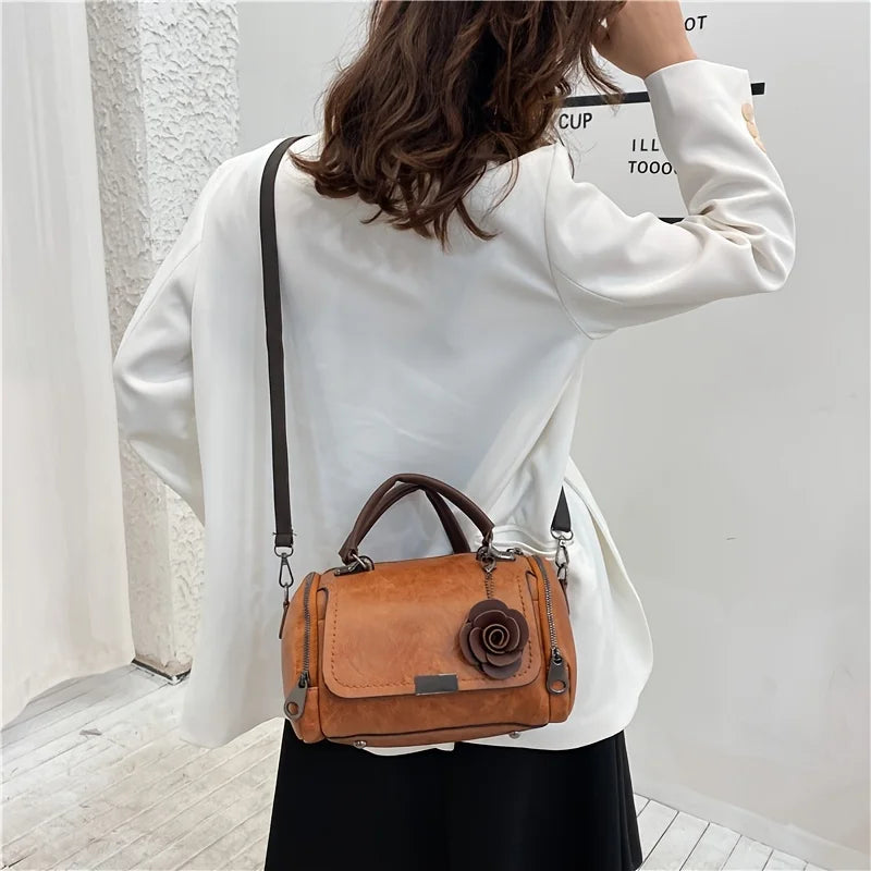 Large Vintage Boston Handbag - Solid Color PU Satchel with Zipper Closure, and Flower Pendant - Perfect for Occasional Use