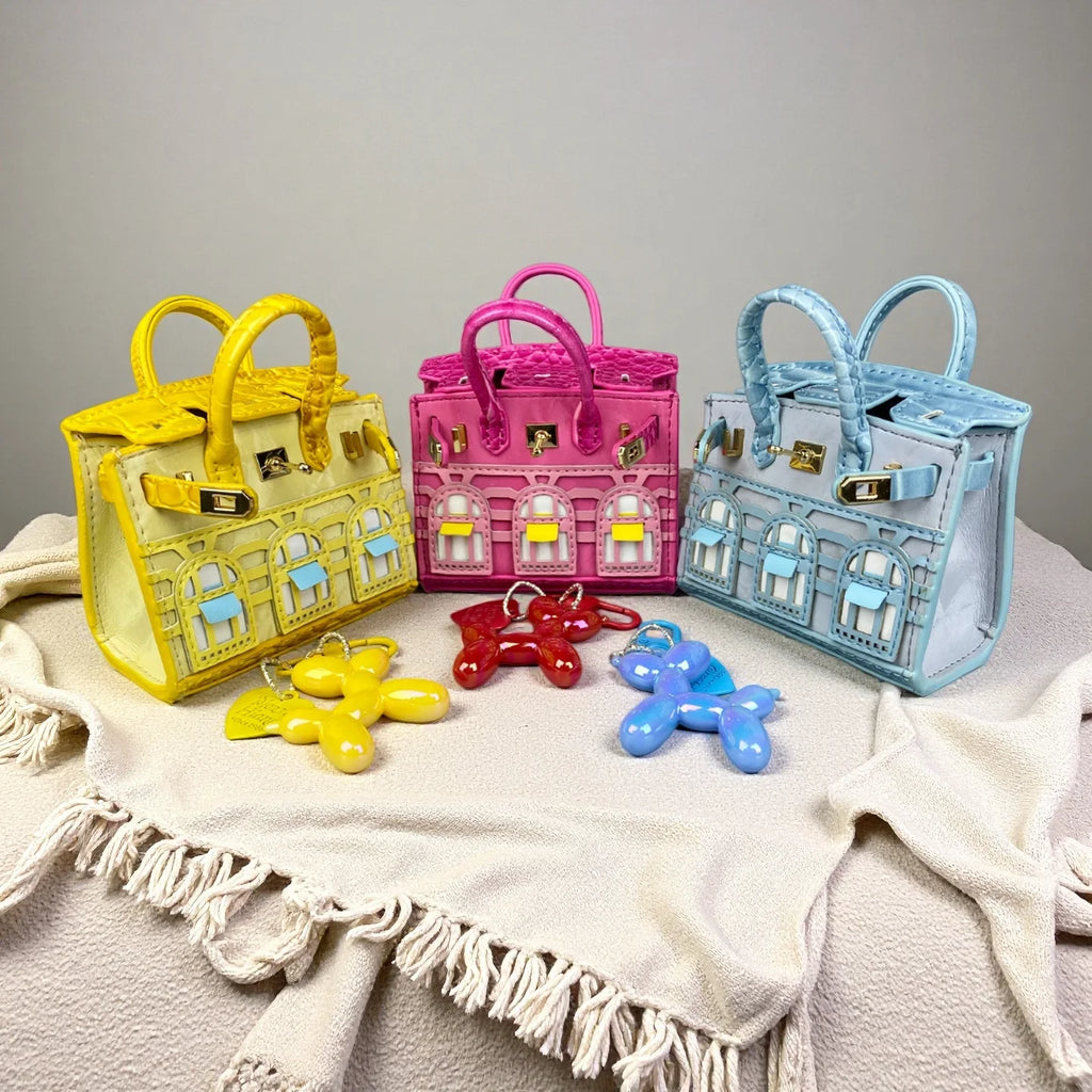 Handcrafted Mini House-Shaped Handbag with Puppy Keychain Suede Touch Bag Charm Purse Accessory for Earphones Coins Lipsticks