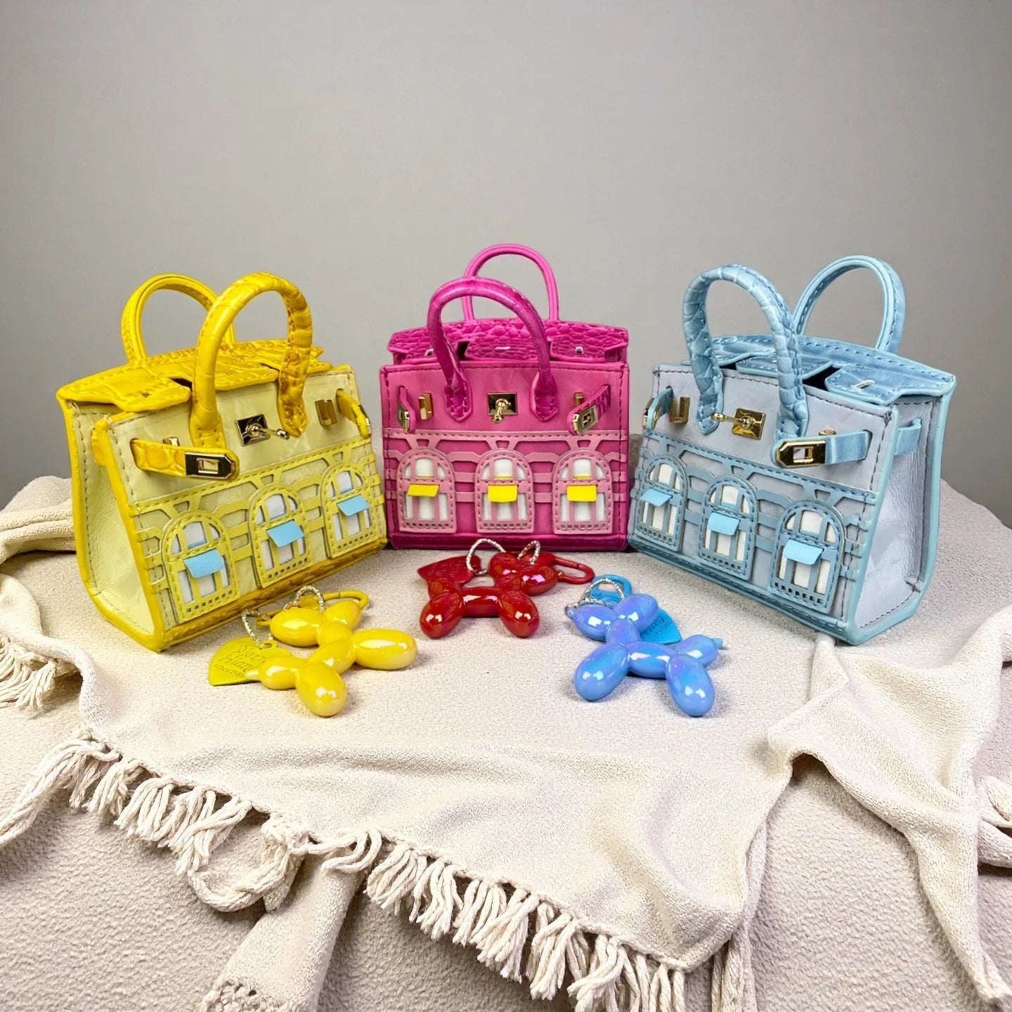 Handcrafted Mini House-Shaped Handbag with Puppy Keychain Suede Touch Bag Charm Purse Accessory for Earphones Coins Lipsticks