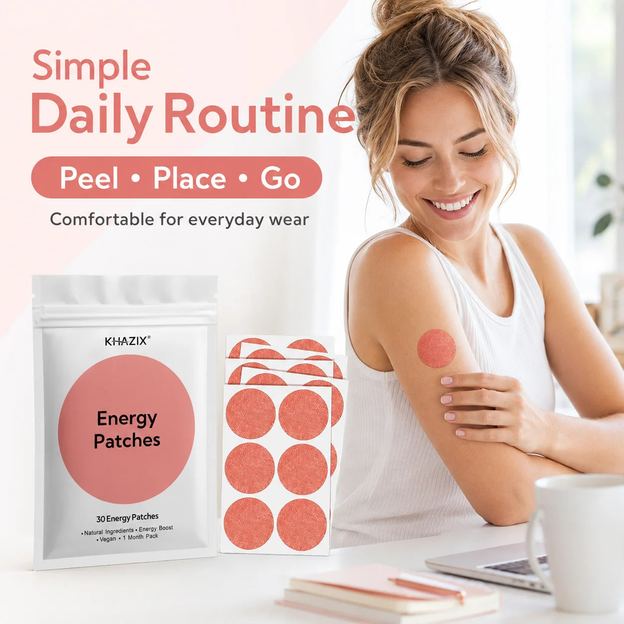 30Pcs Energy Patches Natural Ingredients Vegan Friendly Daily Energy Boost Patch Portable Body Stickers for Work Travel Sports