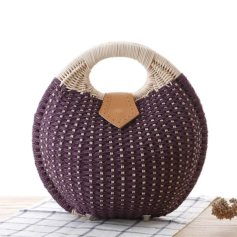 2025 Luxury Hand Woven Holiday Shell Handbags Personality Cute Rattan Bag Casual Small Round Tote Woven Female Fashion Beach Bag