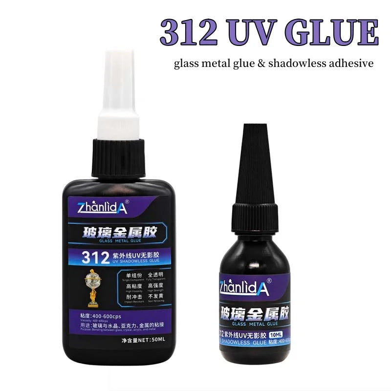 312 UV Shadowless Adhesive Clear Plastic Super Glue Soft Bonding Acrylic Rubber Glass Metal Jewelry With Flash Light Fast Curing