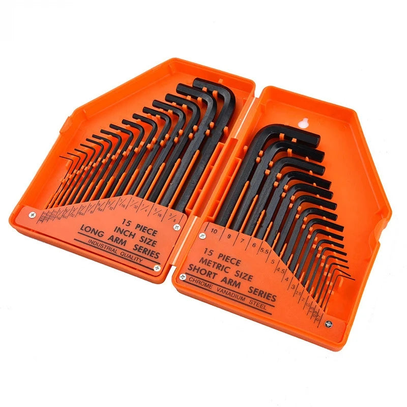 30Pcs Wrench Set Hex Key Wrench 0.028"- 3/8" Inch & 0.7mm-10mm Metric Size Chromium-vanadium Steel Spanner Long Arm Tool