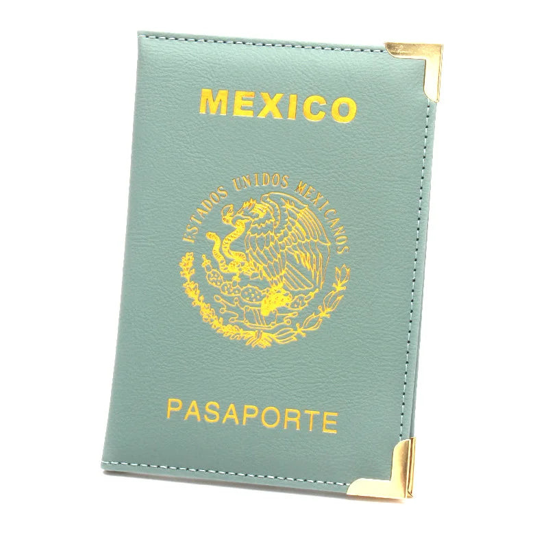 Mexican Passport Holder Golden Metal Copper Corners Passport Organizer Leather Slim Passport Case Plane Ticket Holder ID Holder