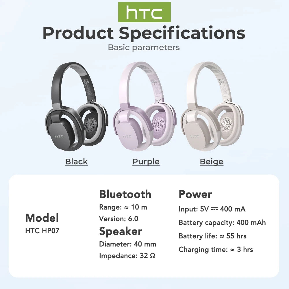 Wireless Game Earphones HTC HP07 AI Translator Headset with Mic, Comfortable Sports Headband, Immersive Audio for Running Gym