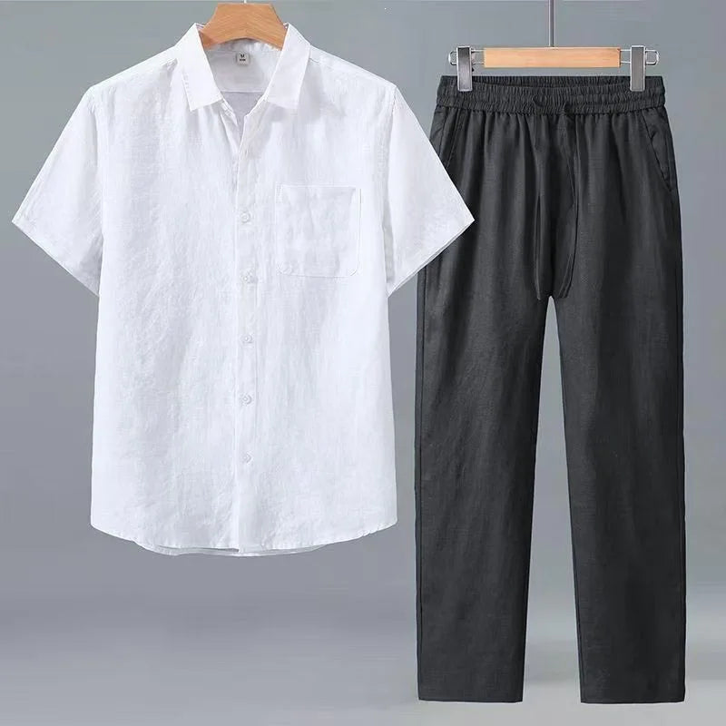 Mens Pure Linen Matching Outfit Short Sleeve Button Shirt Elastic Waist Trousers Two Piece Suit Lightweight Summer Daily Streetw