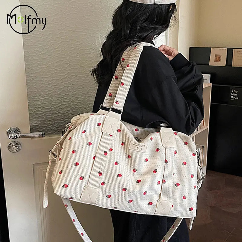 Corduroy Travel Tote Bag Large Capacity Strawberry Travel Handbag with Shoe Compartment Sports Fitness Bag for Women Droshipping