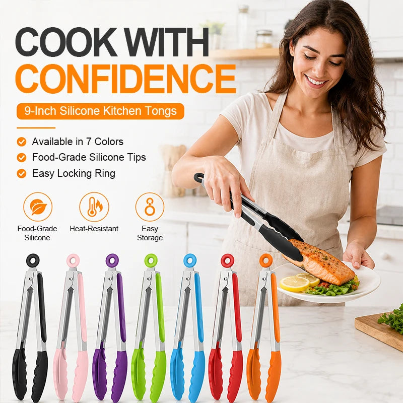 8 Inch Silicone Kitchen Tongs Heat Resistant BPA-Free Stainless Steel BBQ Grill Food Tongs Anti-Slip Cooking Clip for Steak