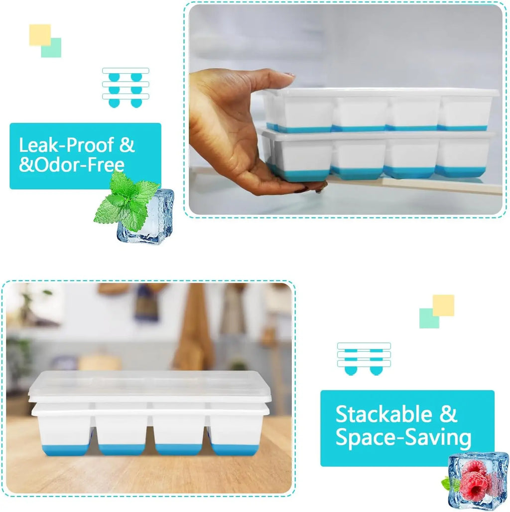 Large Ice Cube Trays 2 Pack, Silicone Easy-Release Molds with Lids, 1.8" Big Square Cubes for Whiskey & Cocktails, BPA Free & Dishwasher Safe