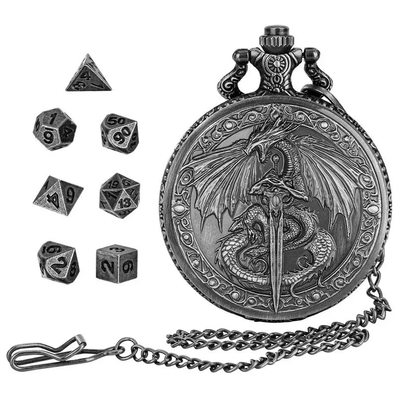 Flying Dragon Pocket Watch Case Pendant Chain 7-Piece Set Micro DND Metal Polyhedral Dice