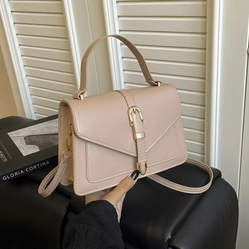 Fashion Beige Women Top Handle Bags, Minimalist Satchel Shoulder Purse with Buckle Detail, Elegant Work Daily Crossbody Bag