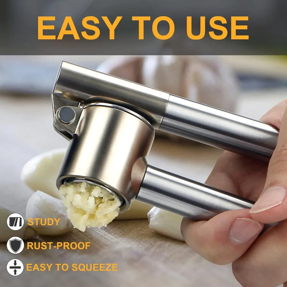 Stainless Steel Garlic Press Set - Manual Ginger Garlic Mincer Crusher Chopper  Heavy Duty Easy Squeeze, Rust Proof Easy Clean