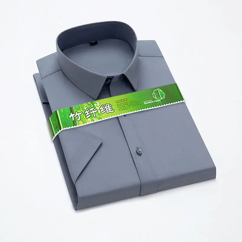 S-6XL Bamboo Fiber Stretch Men Shirt Fashion Casual Business Short-Sleeved Top Anti-Wrinkle No-Iron Solid Color Formal Shirt