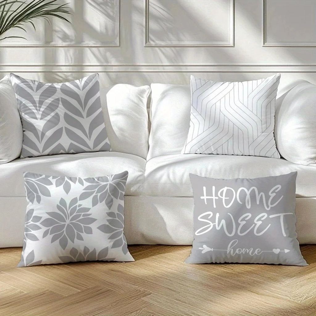 4Pcs Single-Sided Print Pillow Covers - Gray Leaf Line Minimalist Design, Home Decor Cushion Cases for Living Room Sofa Bedroom