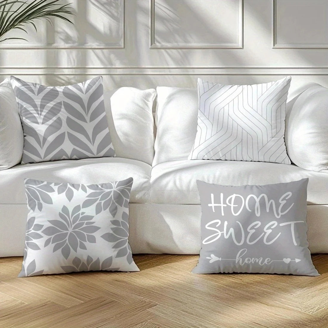 4Pcs Single-Sided Print Pillow Covers - Gray Leaf Line Minimalist Design, Home Decor Cushion Cases for Living Room Sofa Bedroom