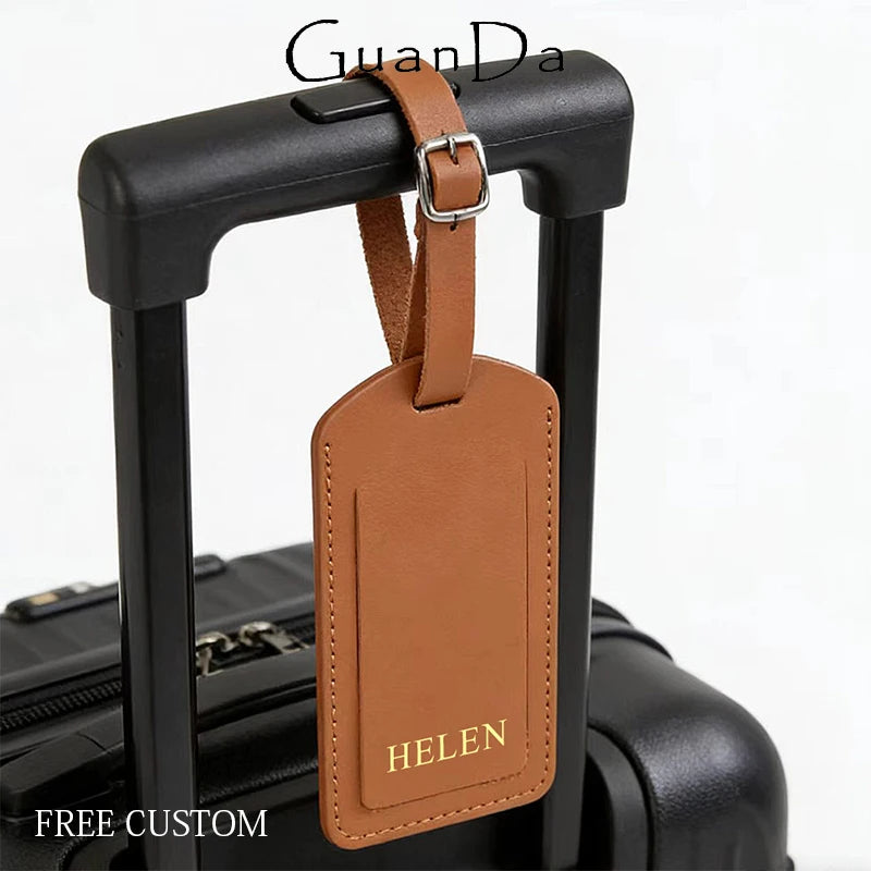Cowhide Travel Custom Initials Luggage Tag Genuine Leather Personalized Suitcase Label Business Luxury Bag Pendant Retro Charm