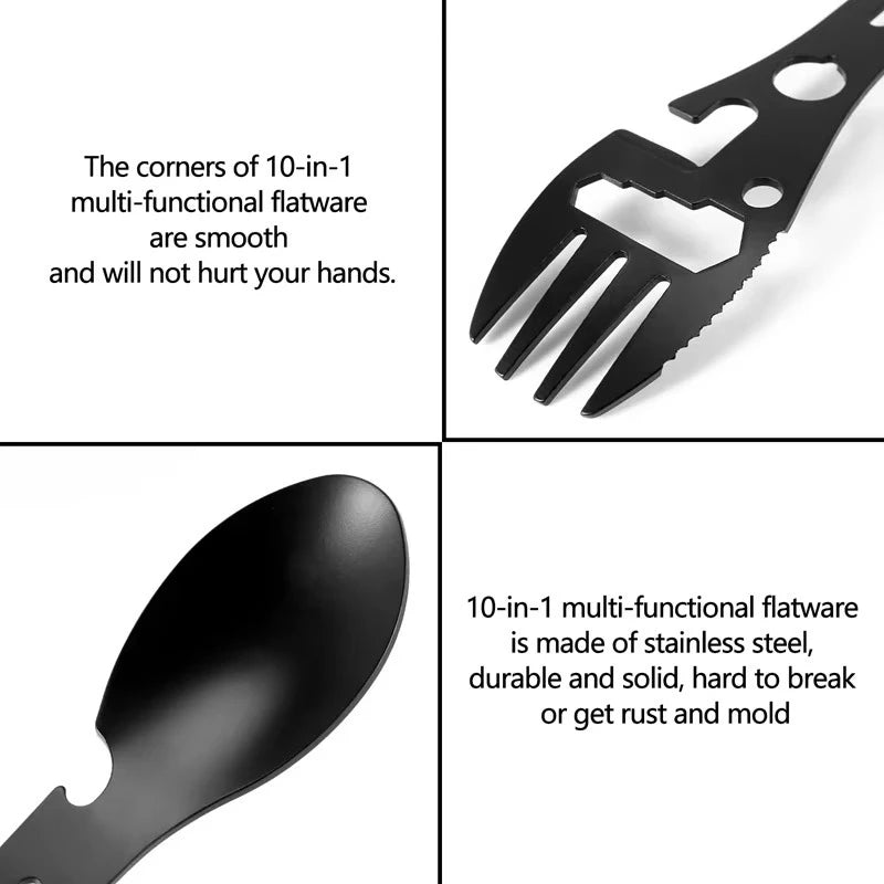 Multifunctional Whistle Knife Outdoor Camping Survival Spork with Multitool Wrench Bottle Opener Kitchen Spoon