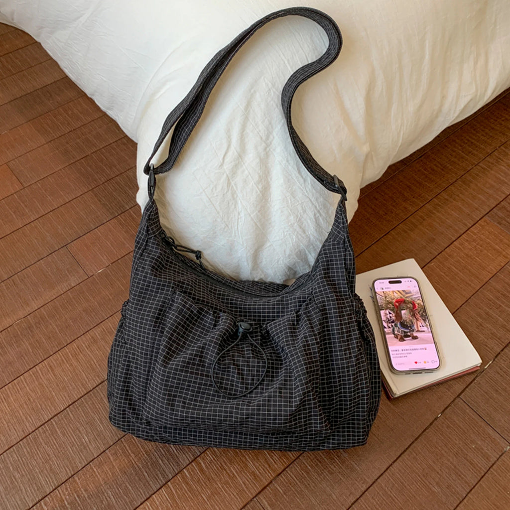 Women Checkered Sling Bag Nylon Pleated Cloud Shoulder Bag Large Capacity Stylish Plaid Tote Bag Shopping Date Handbag