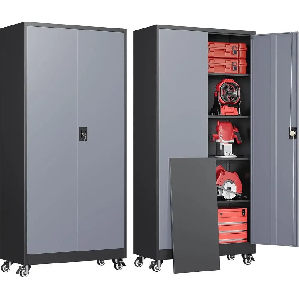 Heavy-Duty Rolling Storage Cabinet with Lock, 2 Doors and 4 Shelves, Tall Tool Cabinet on Wheels for Workshop/Home/Office - Blac