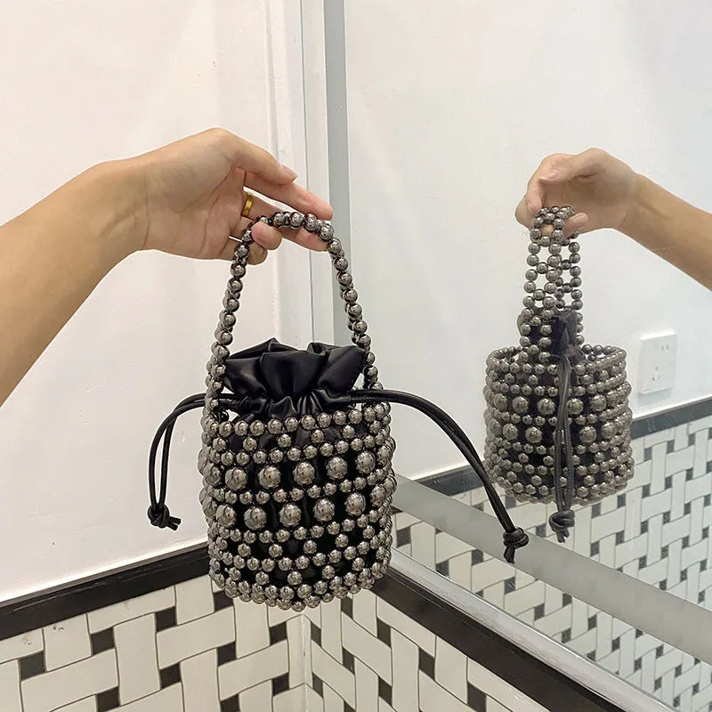 Tote Bag Trending Black Pearl Bucket Stone Purse Woman's Wedding Evening Handbag Purse