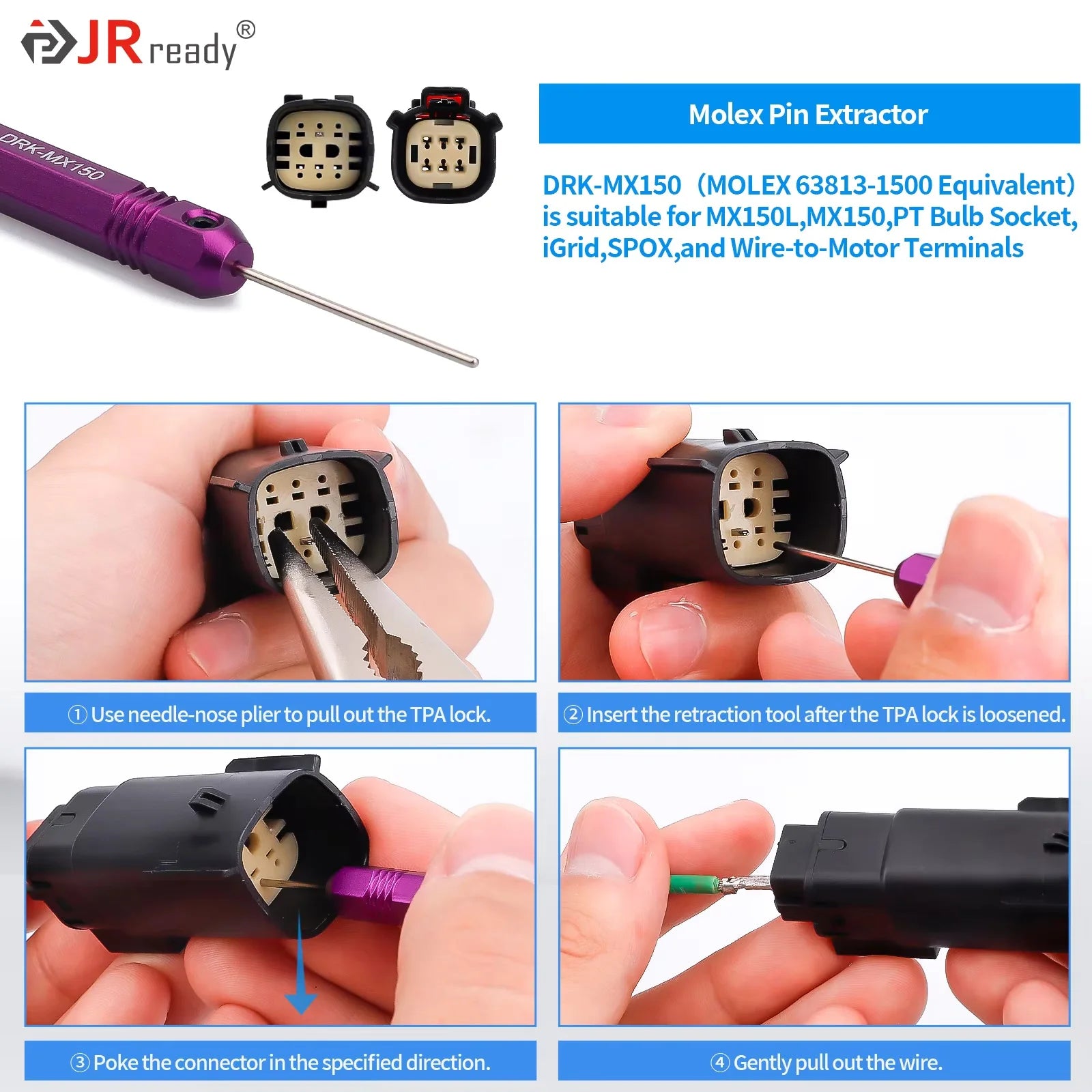 JRready Single Locking Tang Extractor for Male & Female Terminals in Molex MX150L, MX150PT, Bulb Socket, IGrid, and Wire-to-Moto
