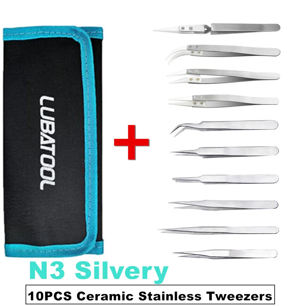 10Pcs Tweezers Set With Bag Ceramic Industrial Electronic ESD Stainless Steel Anti-Static Precision Tweezer Kits Repair Tools