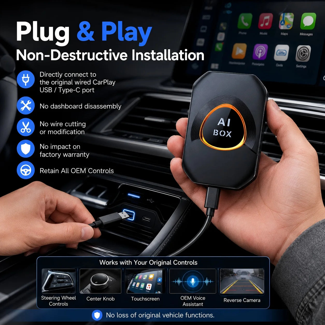 2026 New CarPlay AI Box Android 15 Wireless CarPlay & Android Auto Adapter Support YouTube Netflix IPTV Spotify Plug and Play