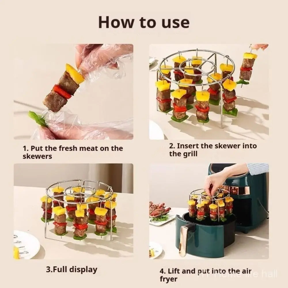New Stainless Steel Air Fryer Grill Round with Grilled Skewers Barbecue Grill Hanging Skewers Rack for Home Kitchen Outdoor